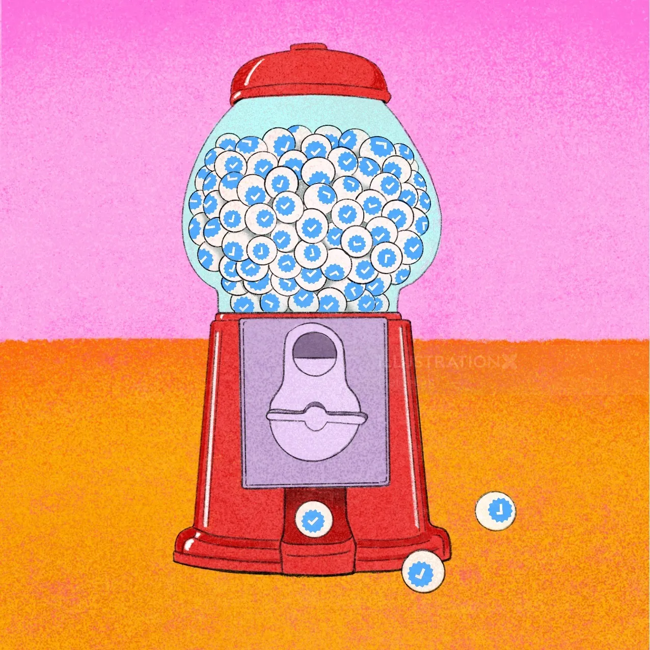 Red gumball machine filled with blue eyeballs on colorful background by Debs Lim