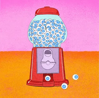 Red gumball machine filled with blue eyeballs on colorful background by Debs Lim