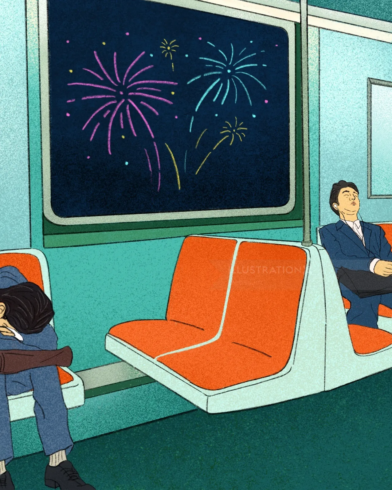 Two passengers on subway with fireworks outside window by Debs Lim