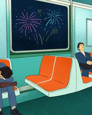 Two passengers on subway with fireworks outside window by Debs Lim