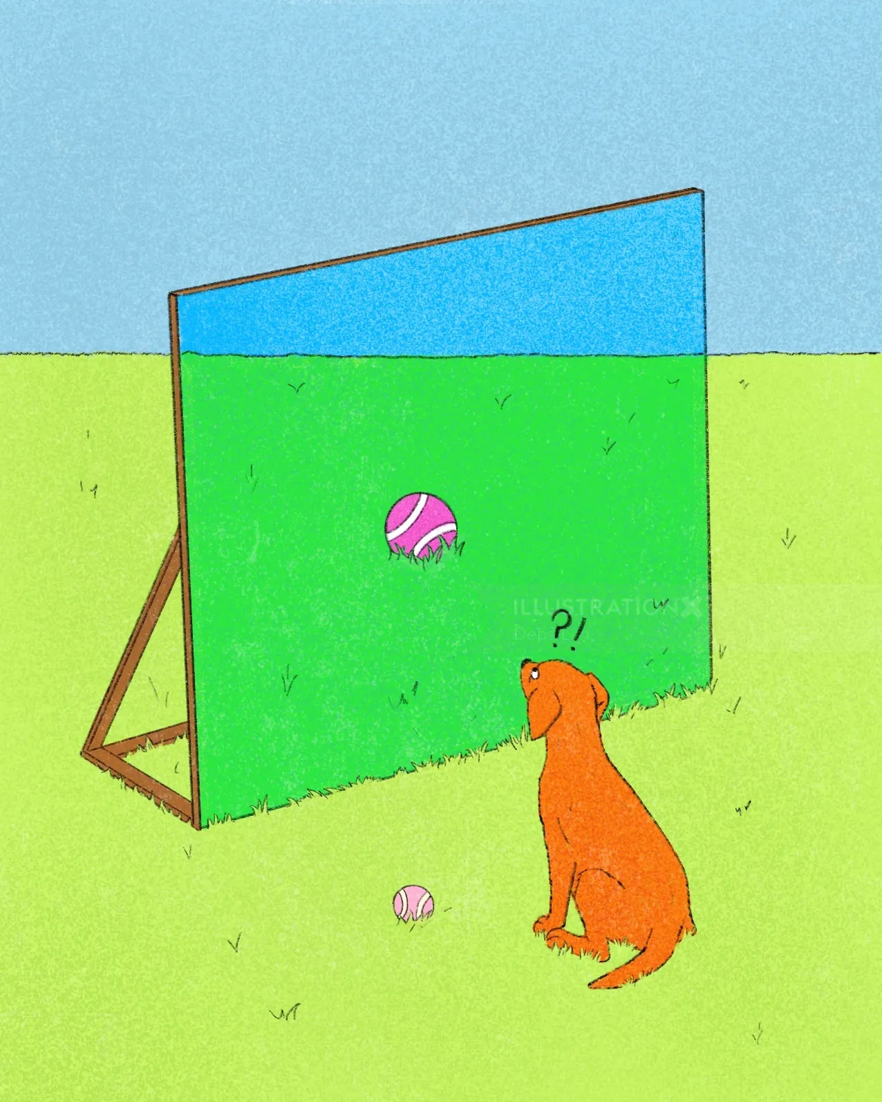 Dog looking confused at a transparent wall with balls nearby by Debs Lim