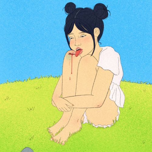 Girl sitting on grass with bleeding finger by Debs Lim
