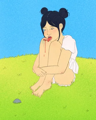 Girl sitting on grass with bleeding finger by Debs Lim