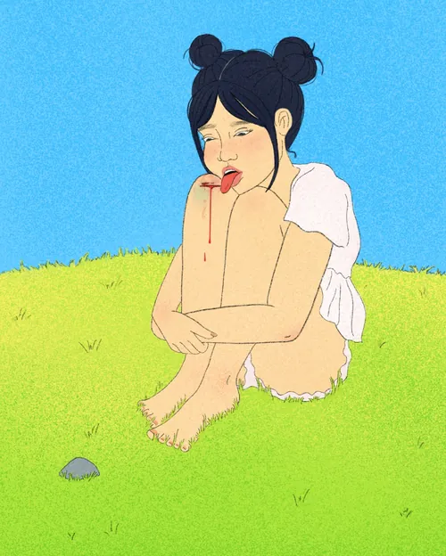 Girl sitting on grass with bleeding finger by Debs Lim