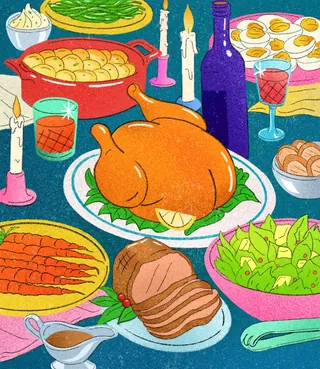 Festive dinner table with roast turkey and side dishes by Debs Lim