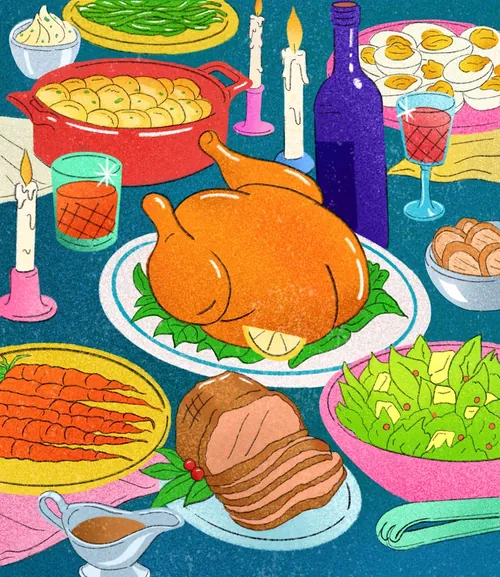 Festive dinner table with roast turkey and side dishes by Debs Lim