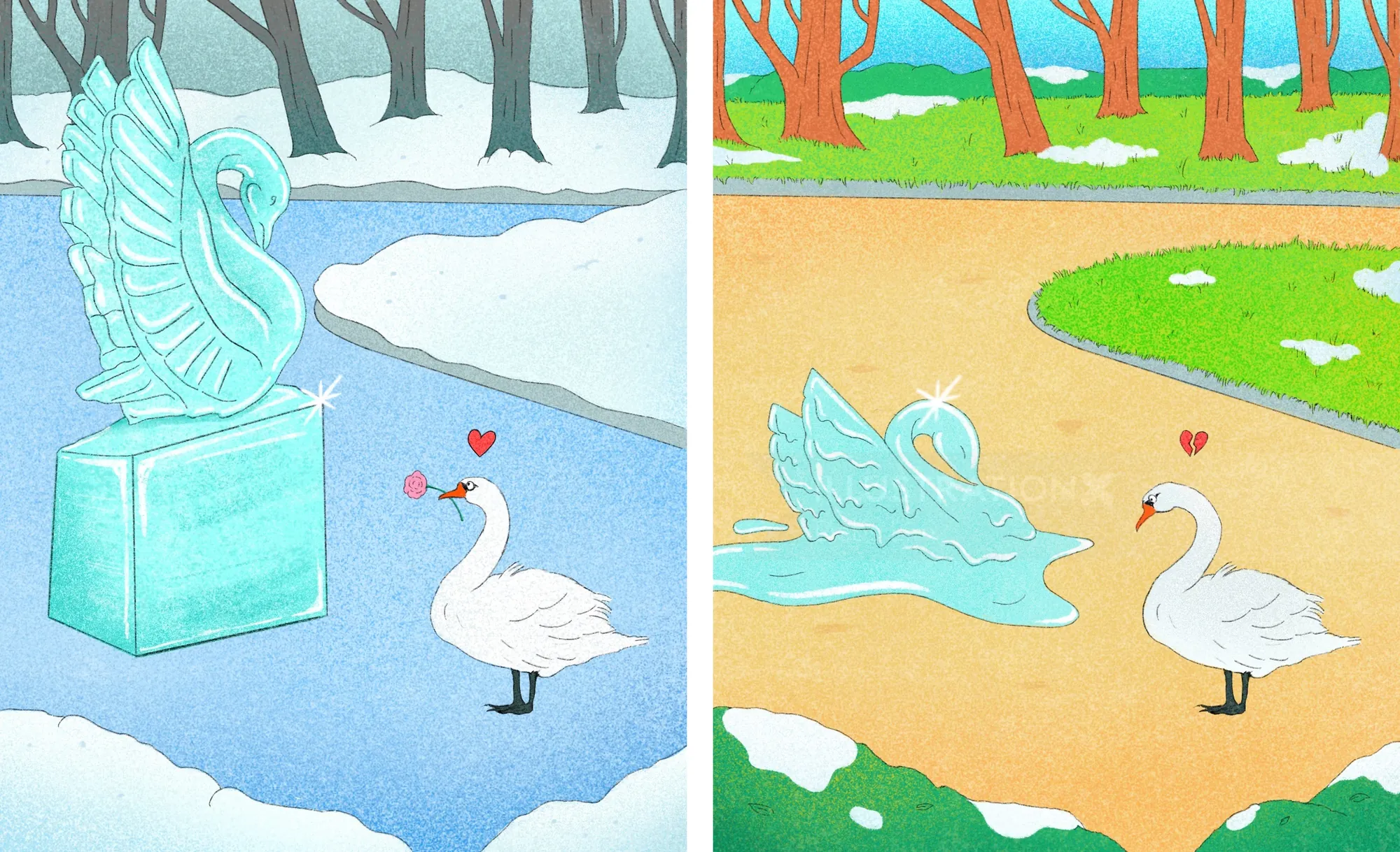 Swans interacting with ice sculptures in winter and spring by Debs Lim