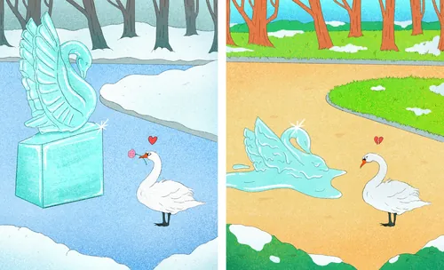 Swans interacting with ice sculptures in winter and spring by Debs Lim