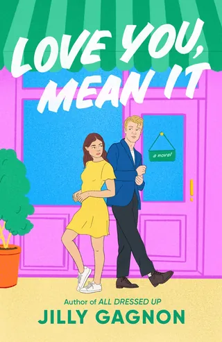 Illustration of two people standing by a pink door, by Debs Lim