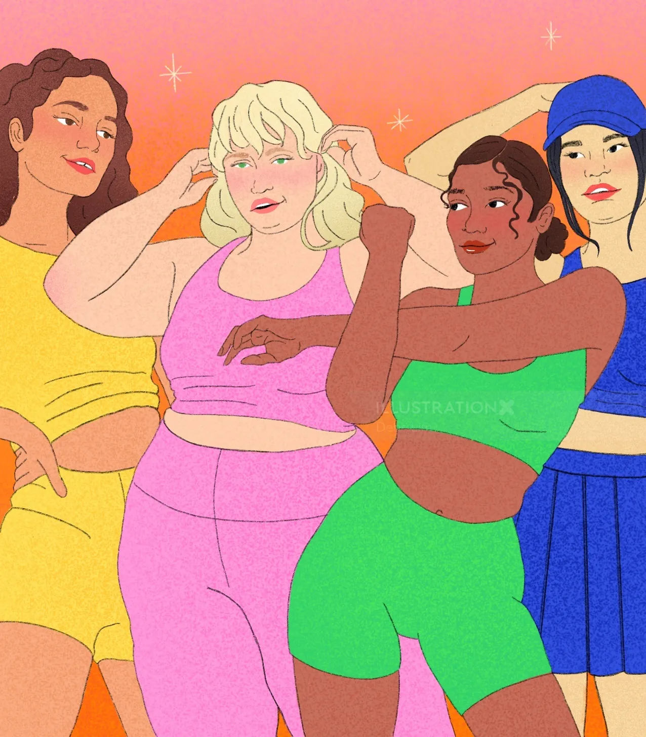 Four diverse women in colorful workout clothes exercising by Debs Lim