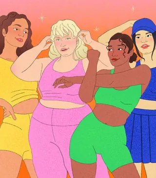Four diverse women in colorful workout clothes exercising by Debs Lim