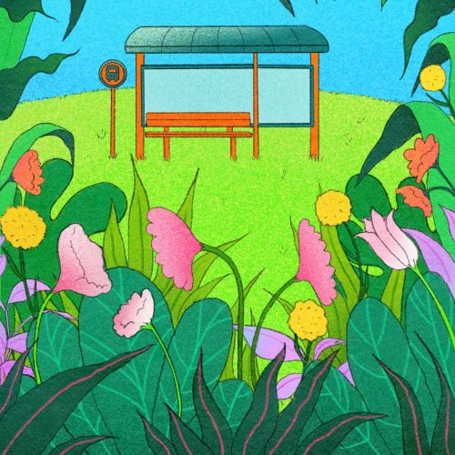 Colorful bus stop surrounded by green leaves and flowers, artwork by Debs Lim