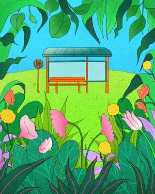 Colorful bus stop surrounded by green leaves and flowers, artwork by Debs Lim
