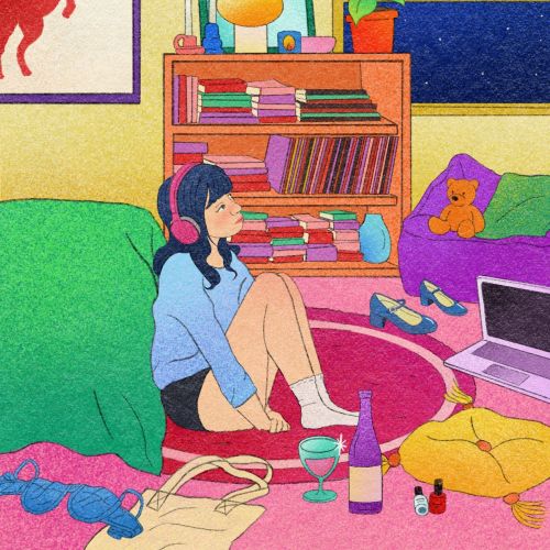 Girl with headphones sitting on bedroom floor surrounded by books and bottles by Debs Lim