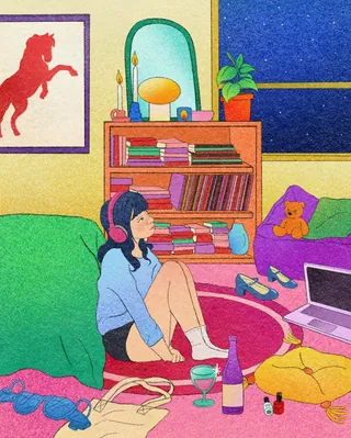 Girl with headphones sitting on bedroom floor surrounded by books and bottles by Debs Lim