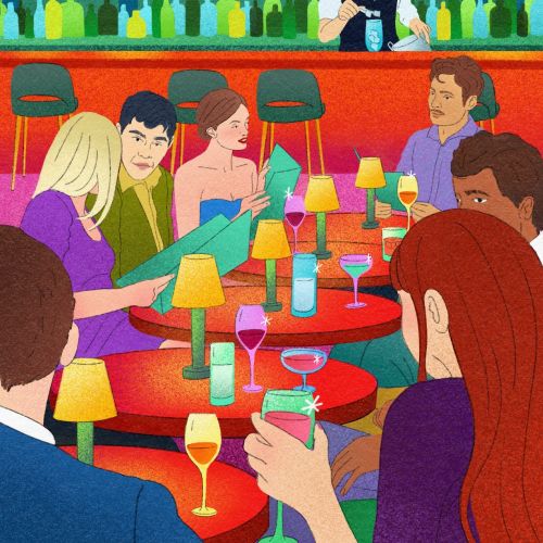 Colorful bar interior with bartender and seated customers by Debs Lim