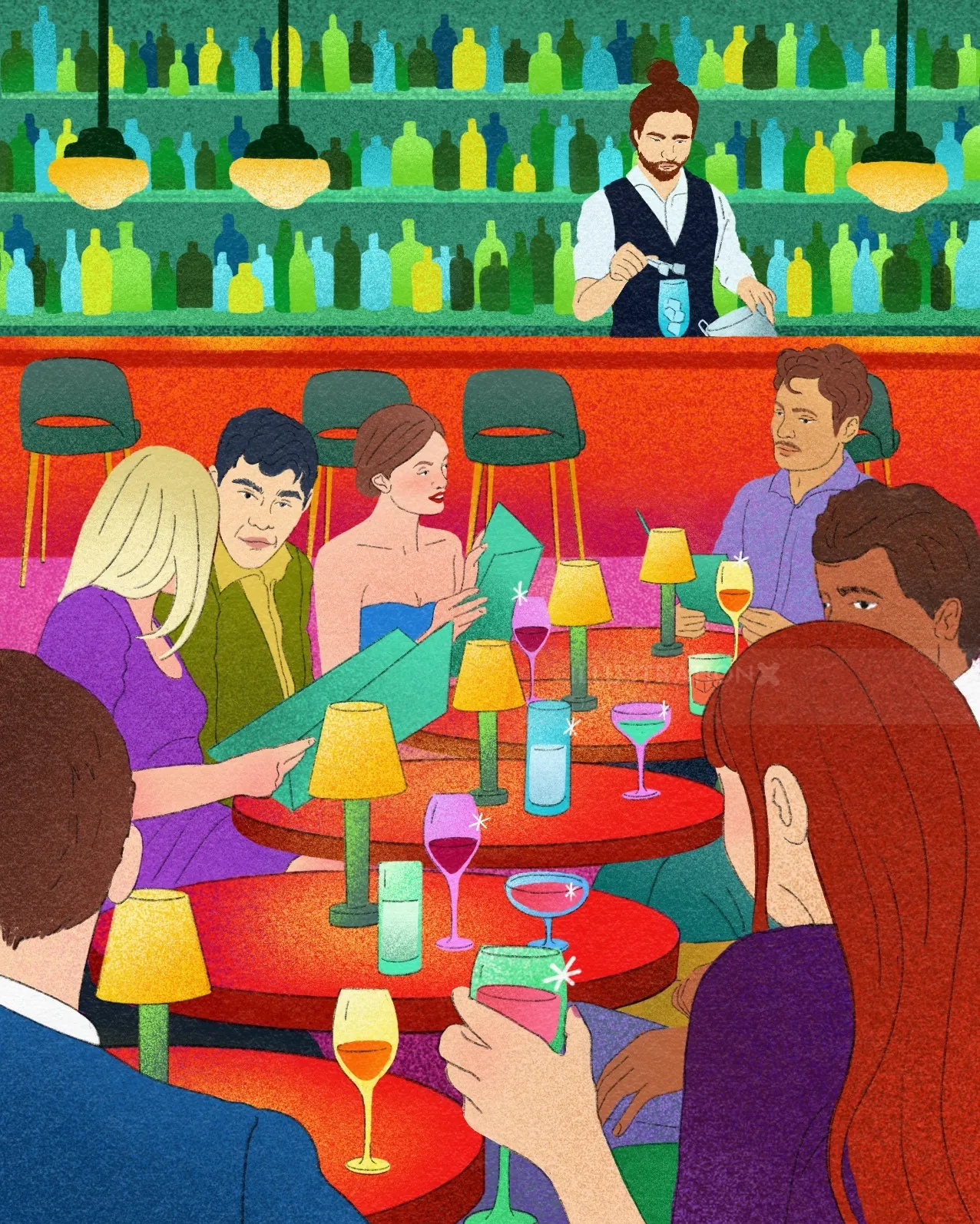 Colorful bar interior with bartender and seated customers by Debs Lim