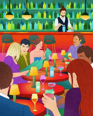 Colorful bar interior with bartender and seated customers by Debs Lim