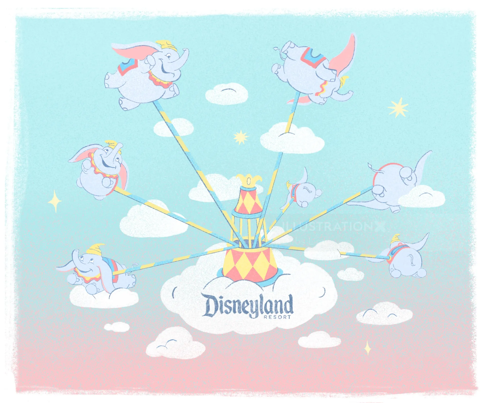 Illustration of Dumbo balloons flying in a sky by Debs Lim