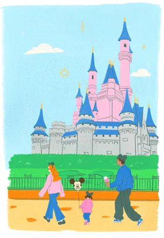 Illustration of family walking in front of Disneyland castle by Debs Lim