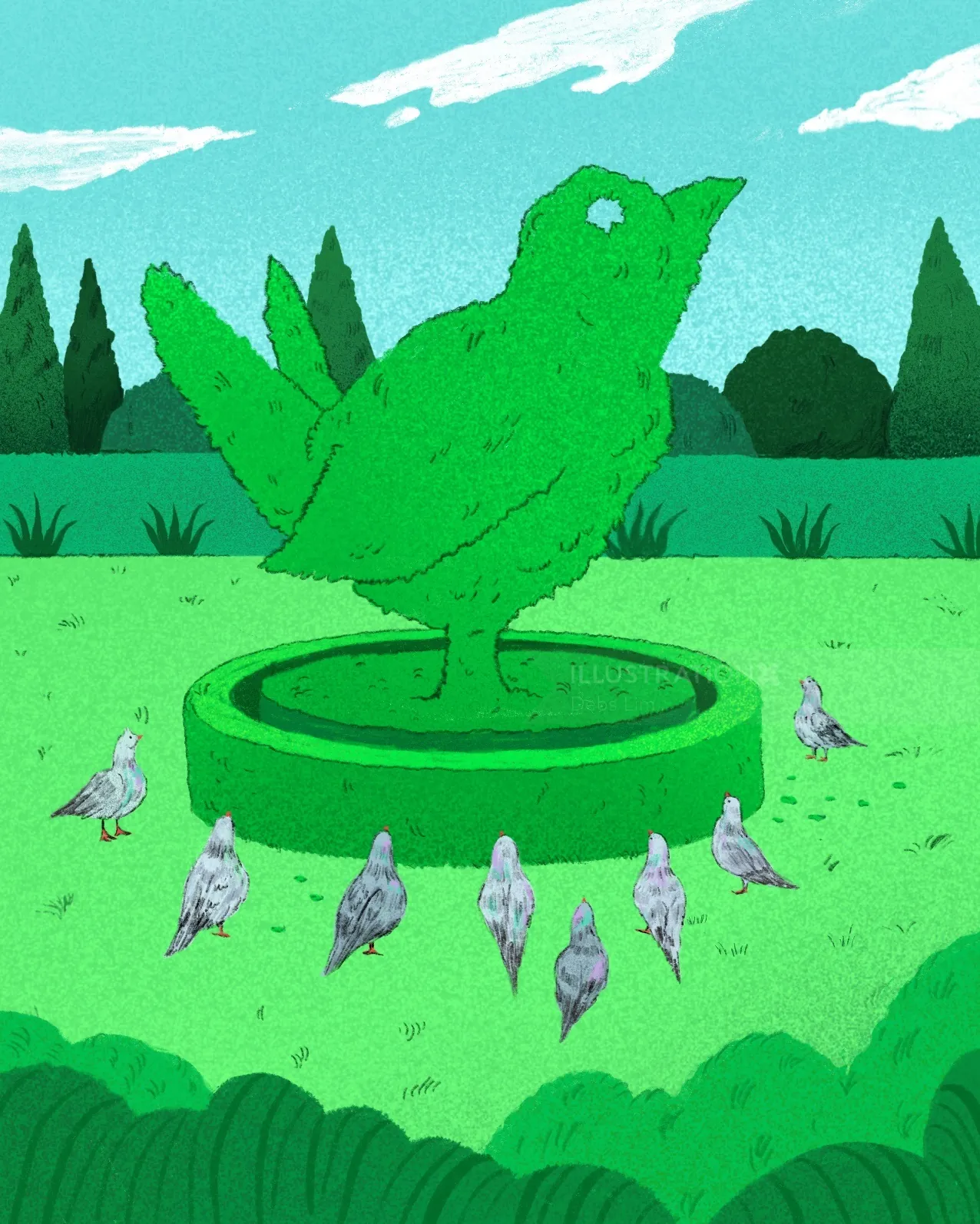 Green bird topiary sculpture surrounded by pigeons in garden