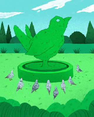 Green bird topiary sculpture surrounded by pigeons in garden