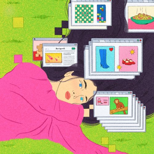 Eine Person ruht sich im Gras aus, um sie herum sind verschiedene digitale Bildschirme geöffnet.