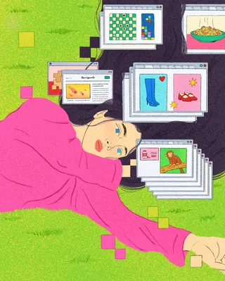 Person resting on grass with various digital screens open around them