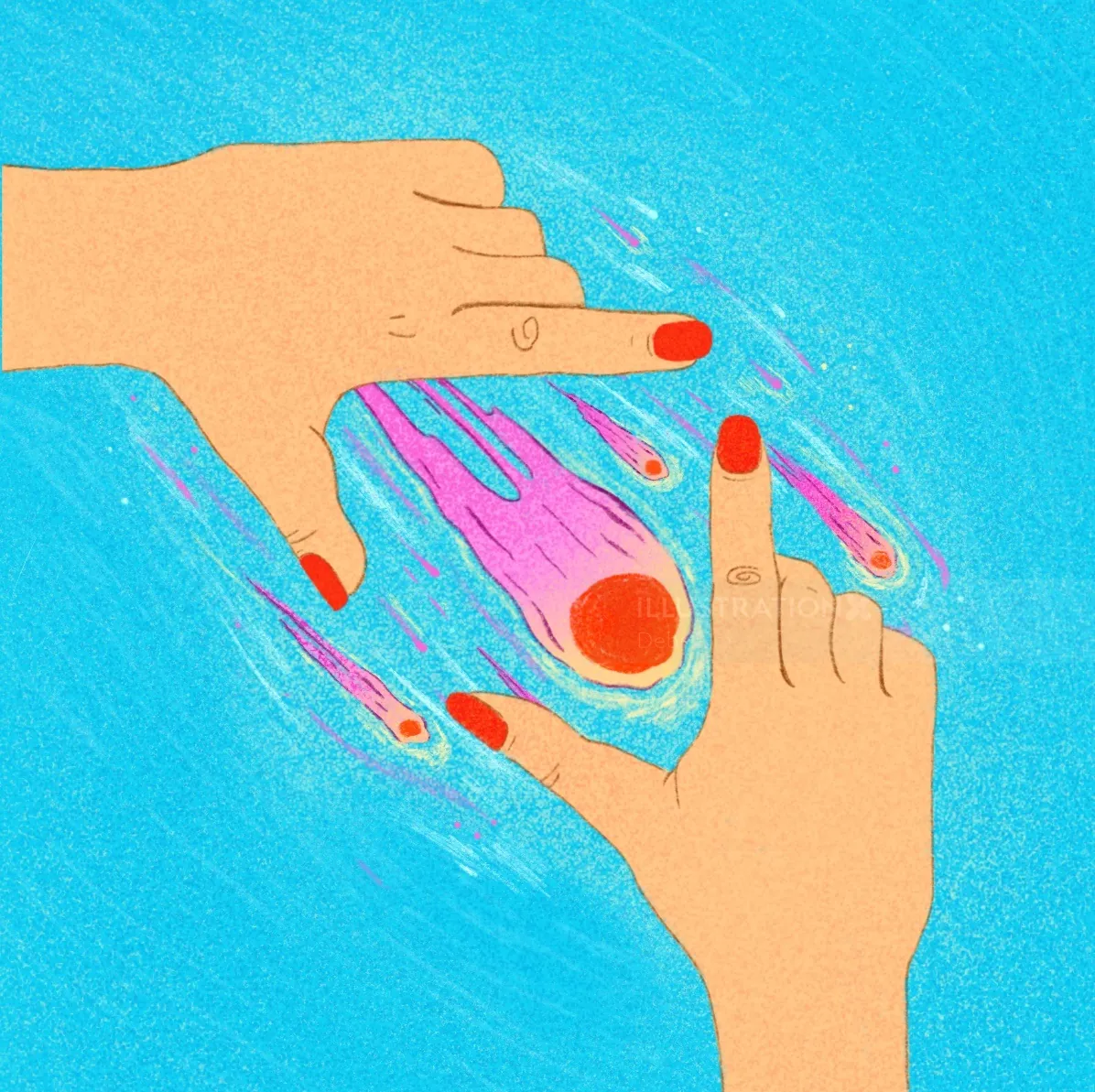 Two hands framing a comet with red nails on a blue background