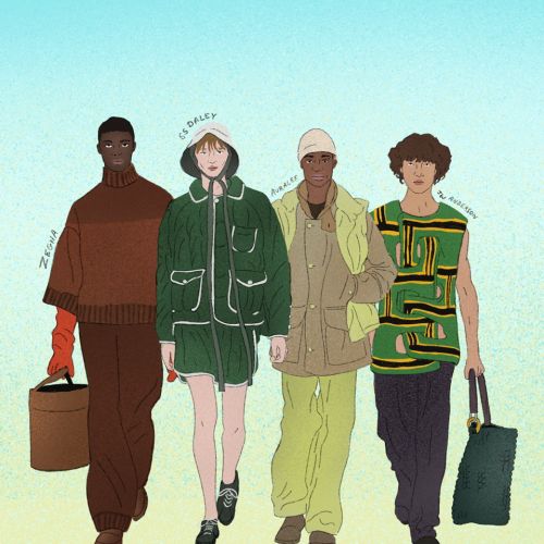 Four diverse models showcasing men's fashion FW 24 outfits