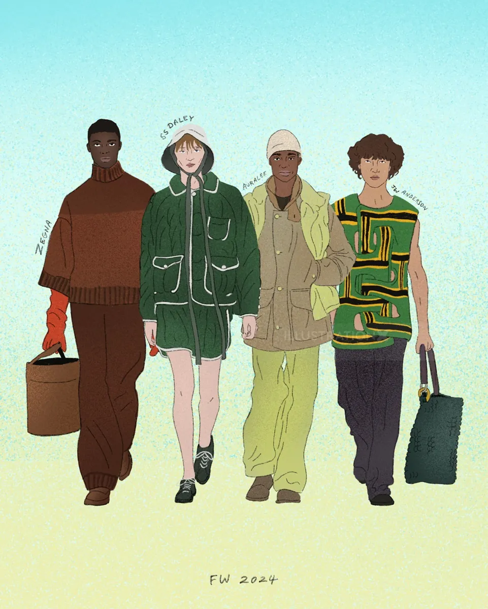 Four diverse models showcasing men's fashion FW 24 outfits