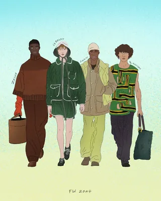Four diverse models showcasing men's fashion FW 24 outfits