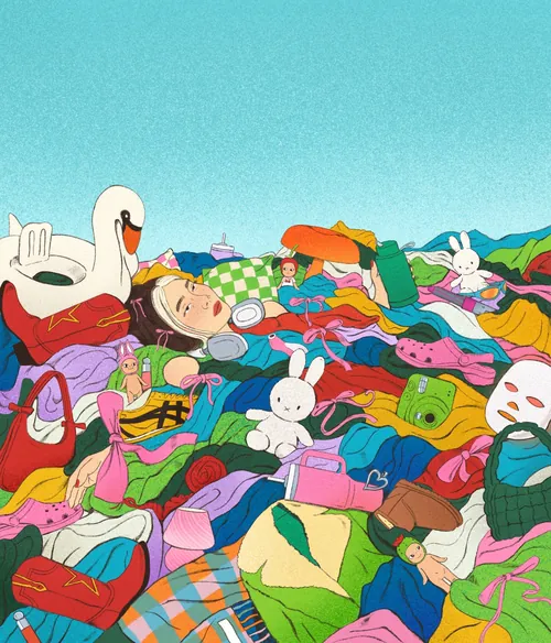 Person resting in a colorful pile of clothes and toys outdoors