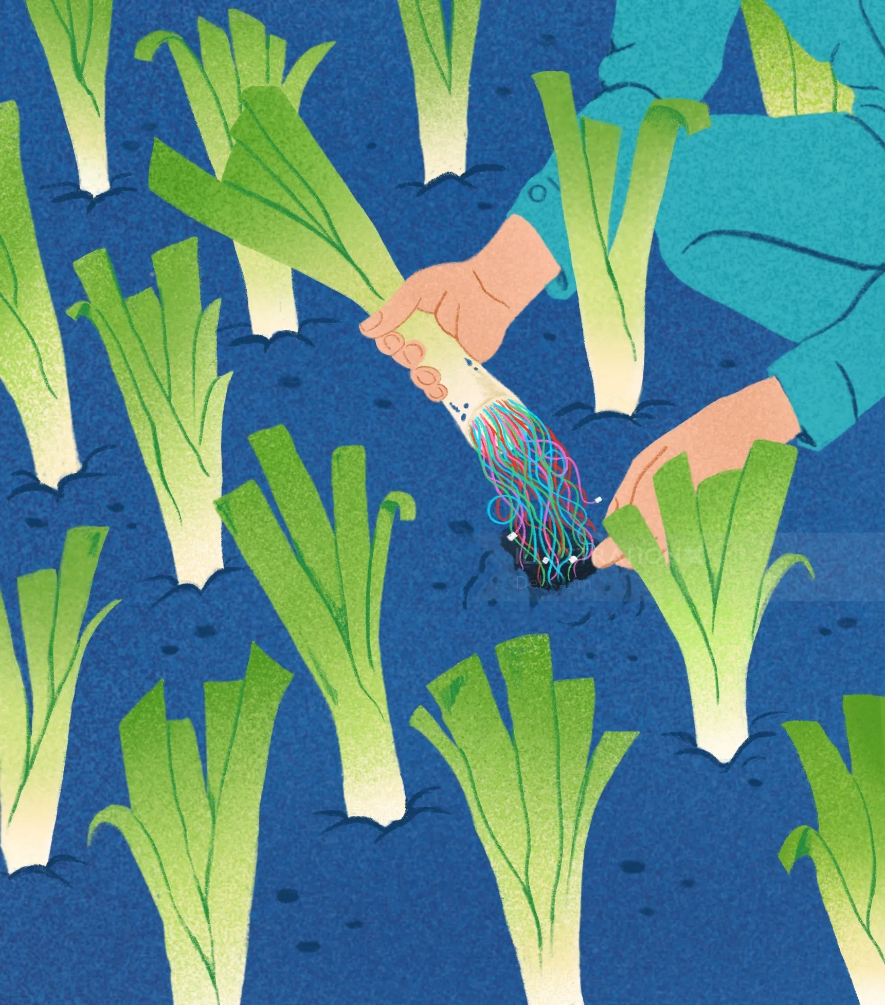 Hands pulling a vibrant multicolored vegetable from soil in garden
