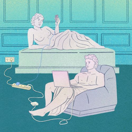 Classical statues in modern setting using laptop and smartphone