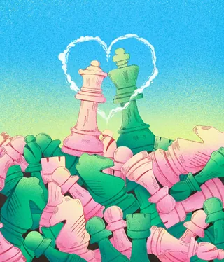 Pink and green chess kings forming a heart with fallen pieces