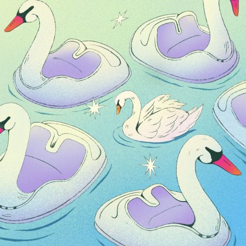 A swan swims among several swan-shaped pool floats on water