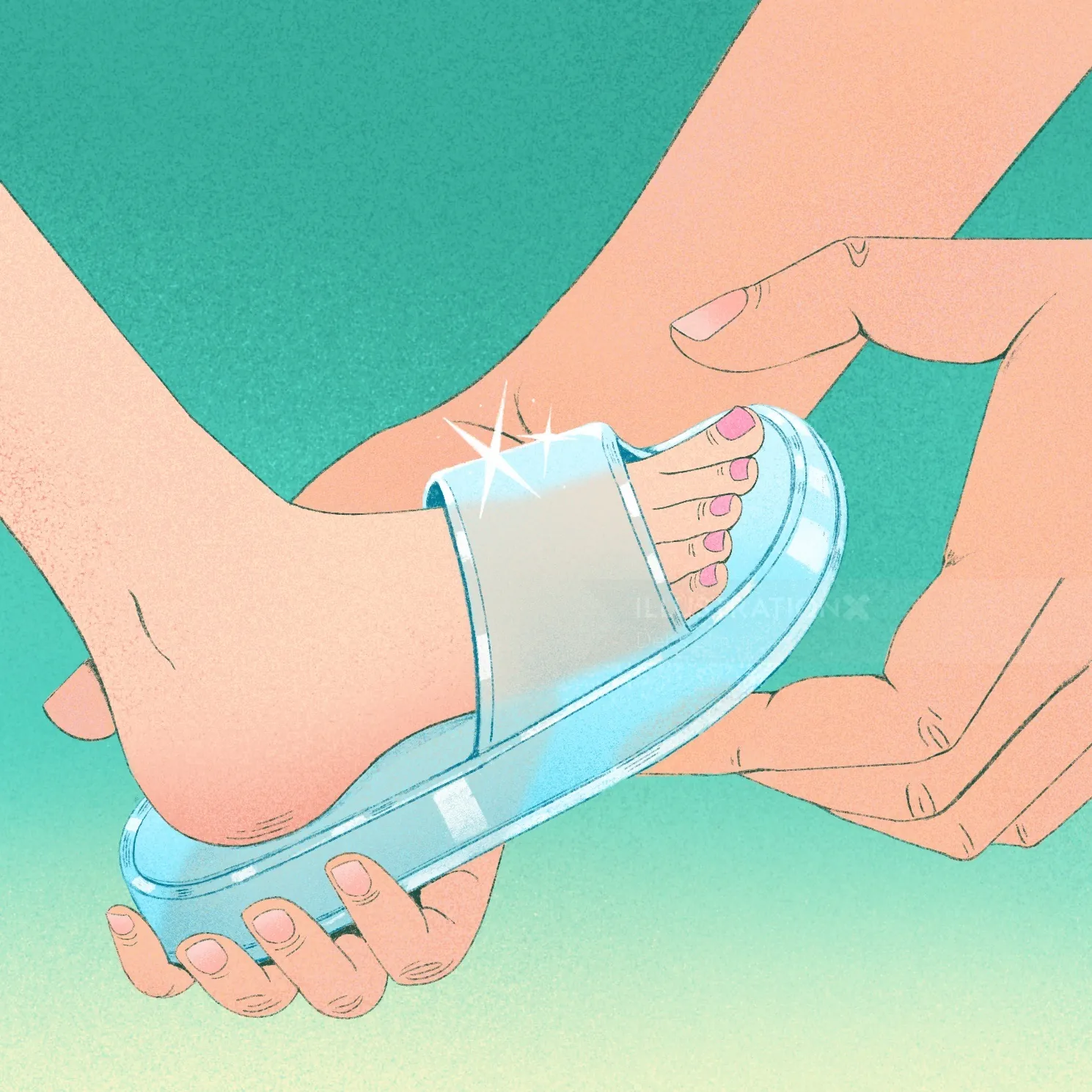 Person putting a sparkling sandal on another person's foot