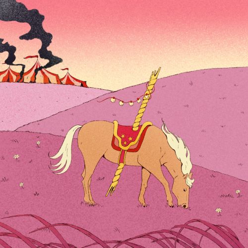 Unicorn grazing in pink field with circus tents and smoke in background