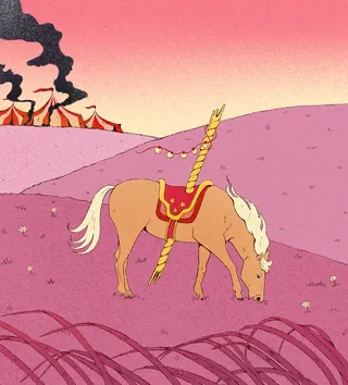 Unicorn grazing in pink field with circus tents and smoke in background