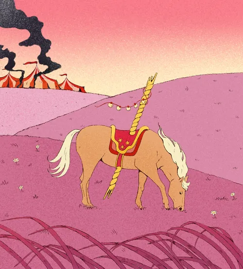 Unicorn grazing in pink field with circus tents and smoke in background