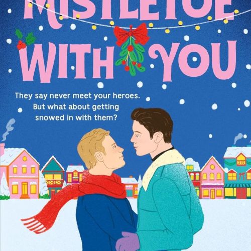 Two people standing under mistletoe with festive lights and houses