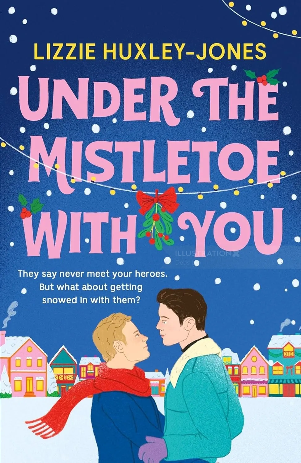 Two people standing under mistletoe with festive lights and houses