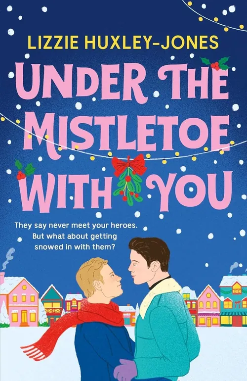 Two people standing under mistletoe with festive lights and houses
