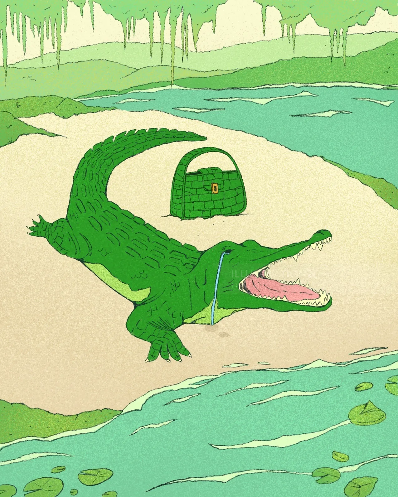 Green crocodile with an open mouth and handbag on sand