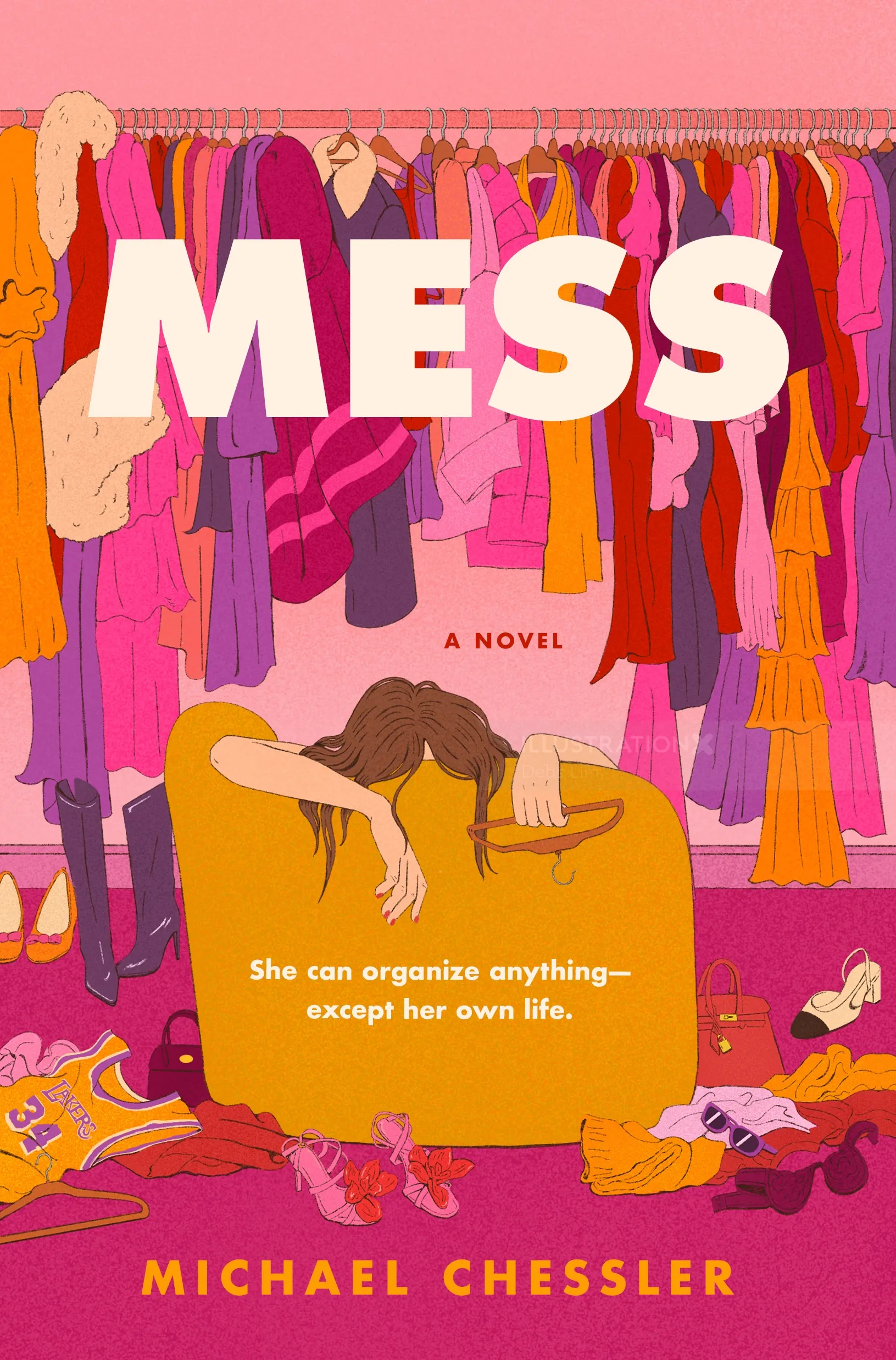 Book cover with colorful clothes hanging and person overwhelmed