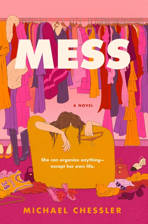 Book cover with colorful clothes hanging and person overwhelmed