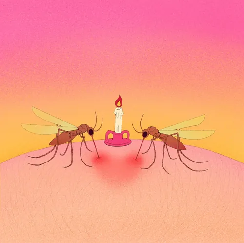 Two mosquitoes attracted to a lit candle on skin at sunset