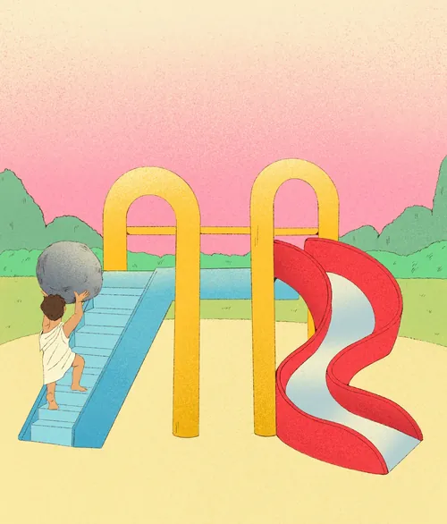 Child happily climbing stairs to a playground slide at sunset