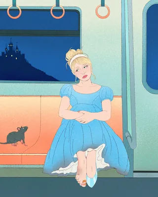 Young woman in blue dress sitting on train with mice and castle outside